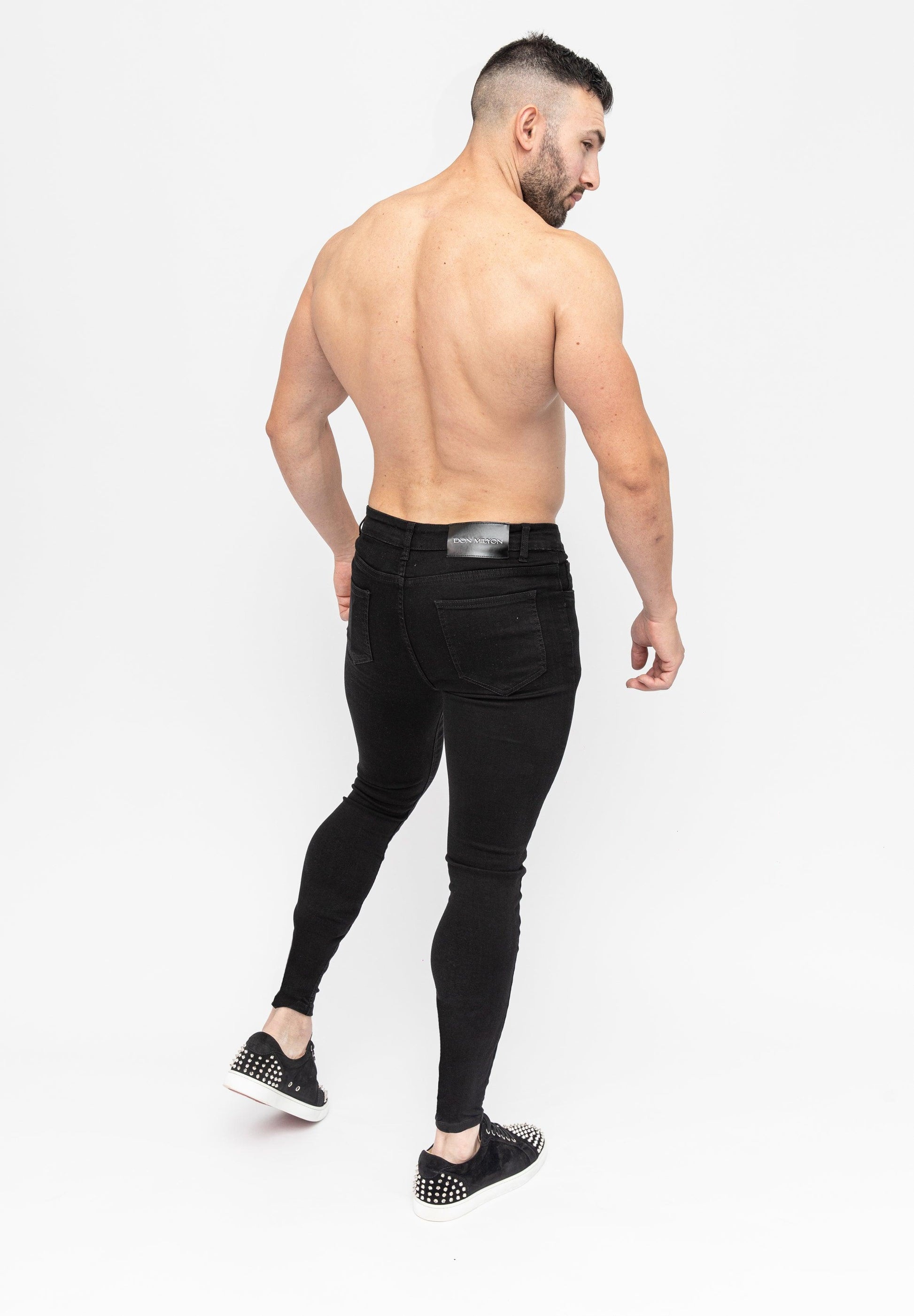 Black Skinny Fit Stretch Men's Jeans Rear Pose