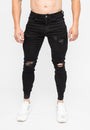 Men's Black Ripped Skinny Fit Stretch Jeans Denim Pants Front