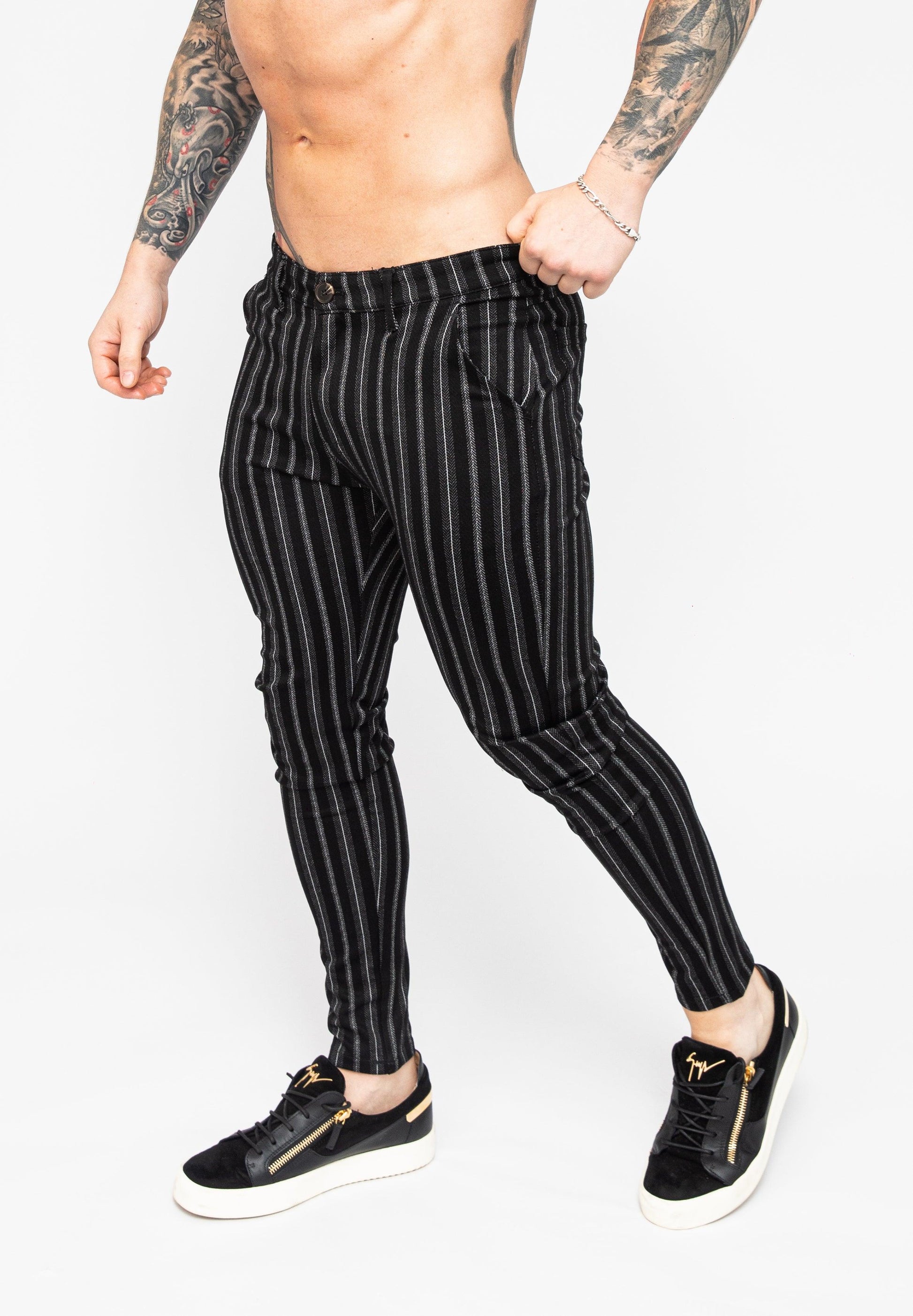 Men's Black Striped Skinny Fit Stretch Chino Pants Angle