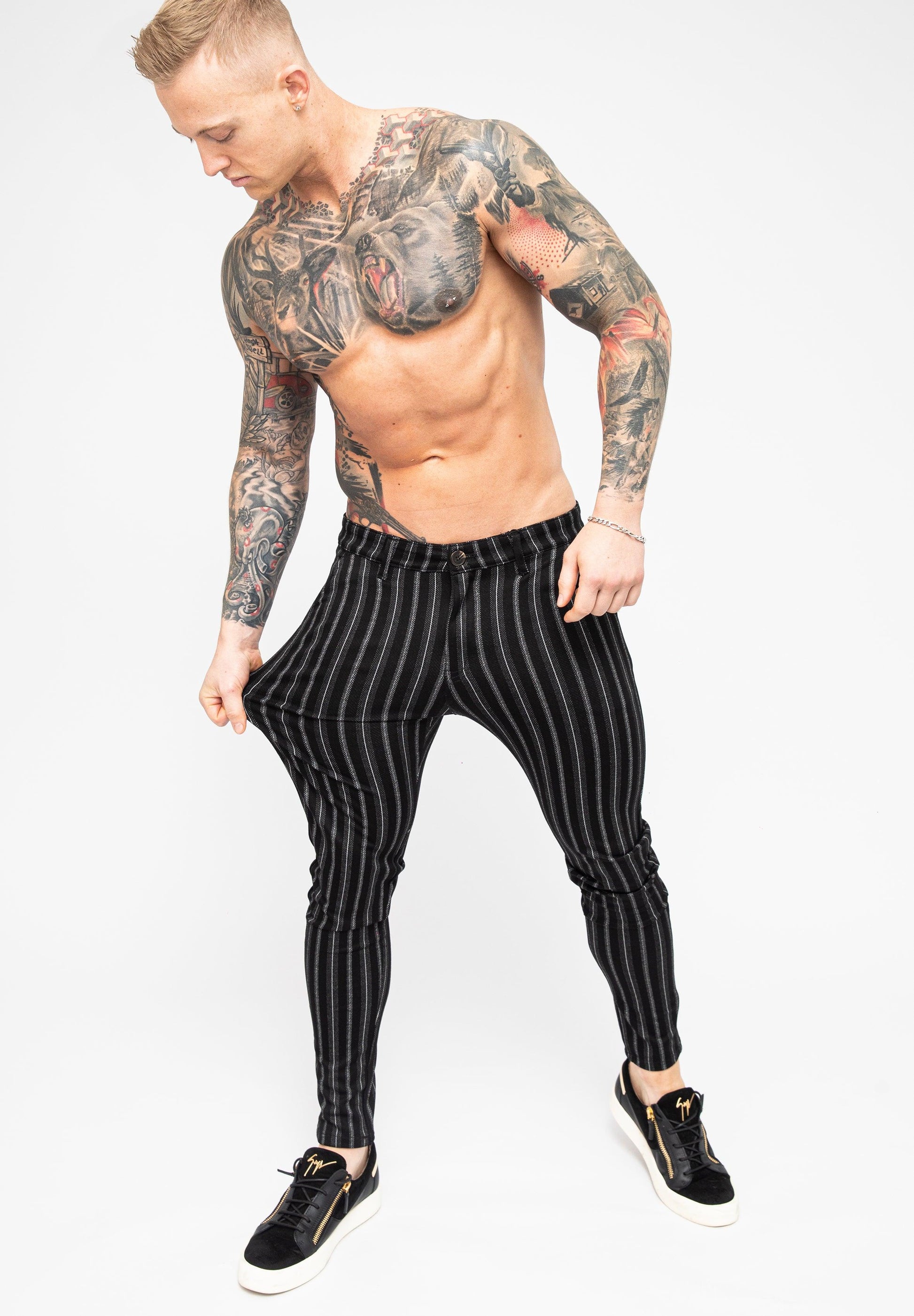 Men's Black Striped Skinny Fit Stretch Chino Pants Front