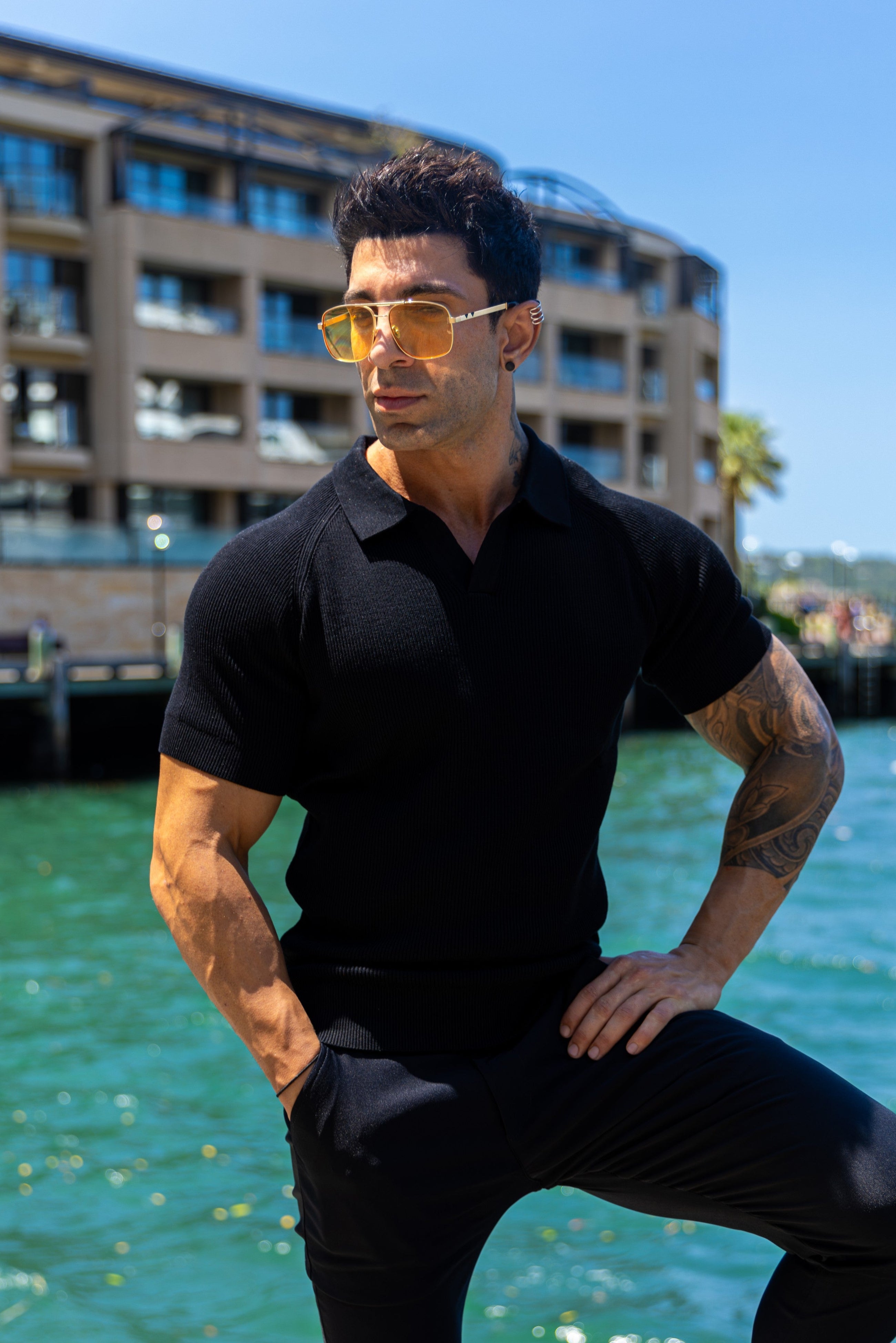 Ribbed Knit Silk Polo Shirt Black - Tailored Slim Fit