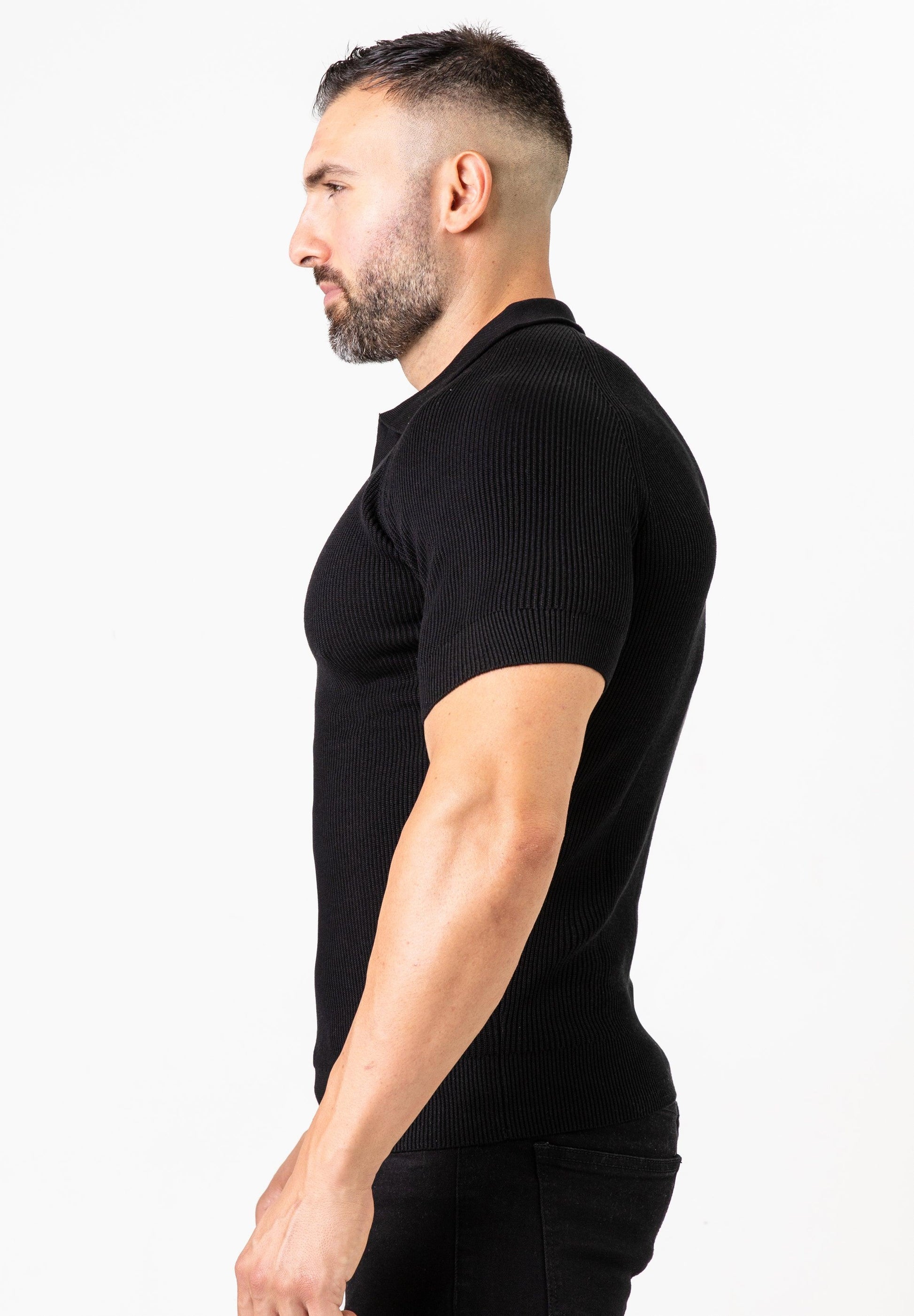 Ribbed Knit Silk Polo Shirt Black - Tailored Slim Fit - Don Milyon