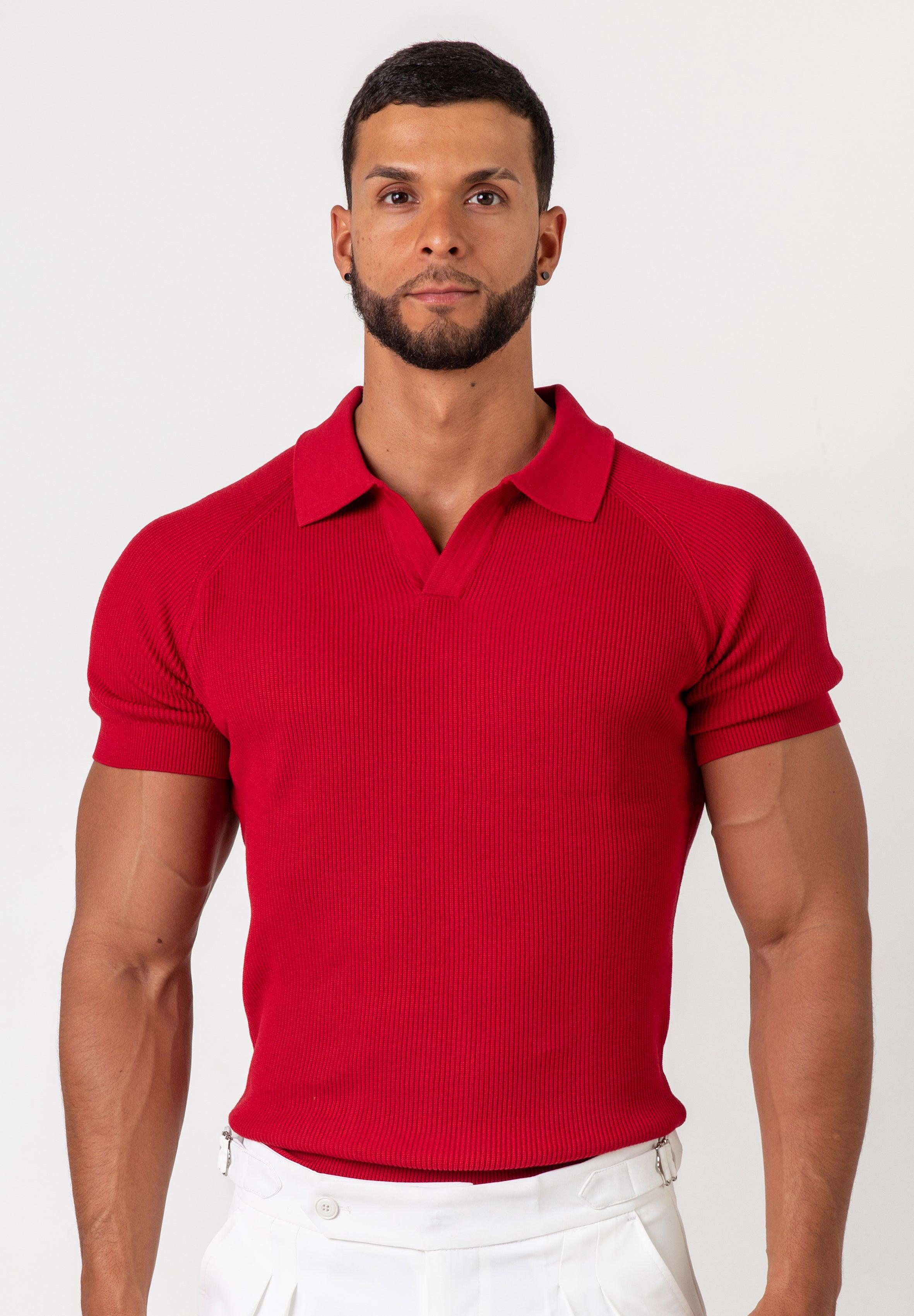 Ribbed Knit Silk Polo Shirt Burgundy - Tailored Slim Fit - Don Milyon