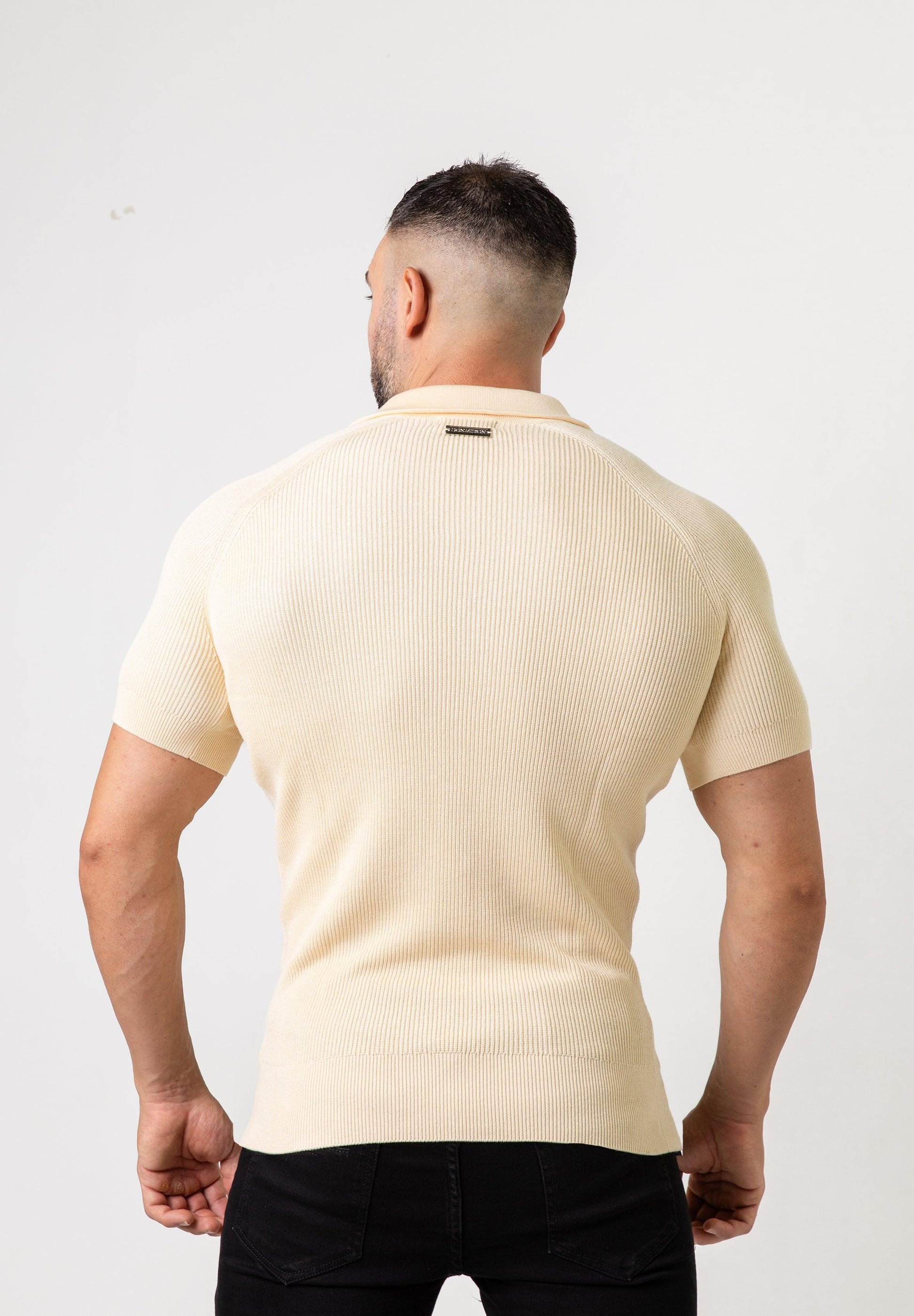 Ribbed Knit Silk Polo Shirt Cream - Tailored Slim Fit - Don Milyon