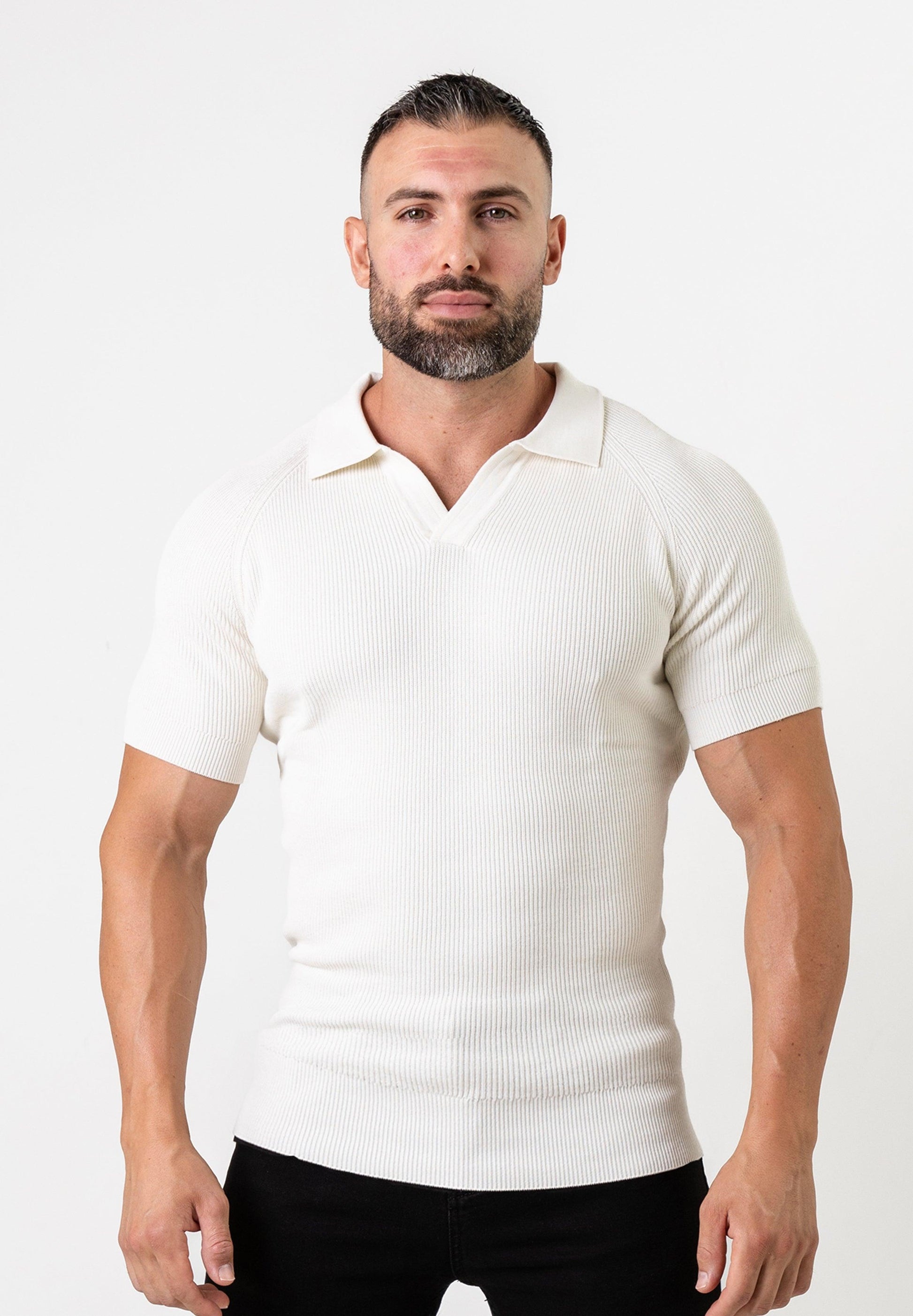 Ribbed Knit Silk Polo Shirt Off-White - Tailored Slim Fit - Don Milyon