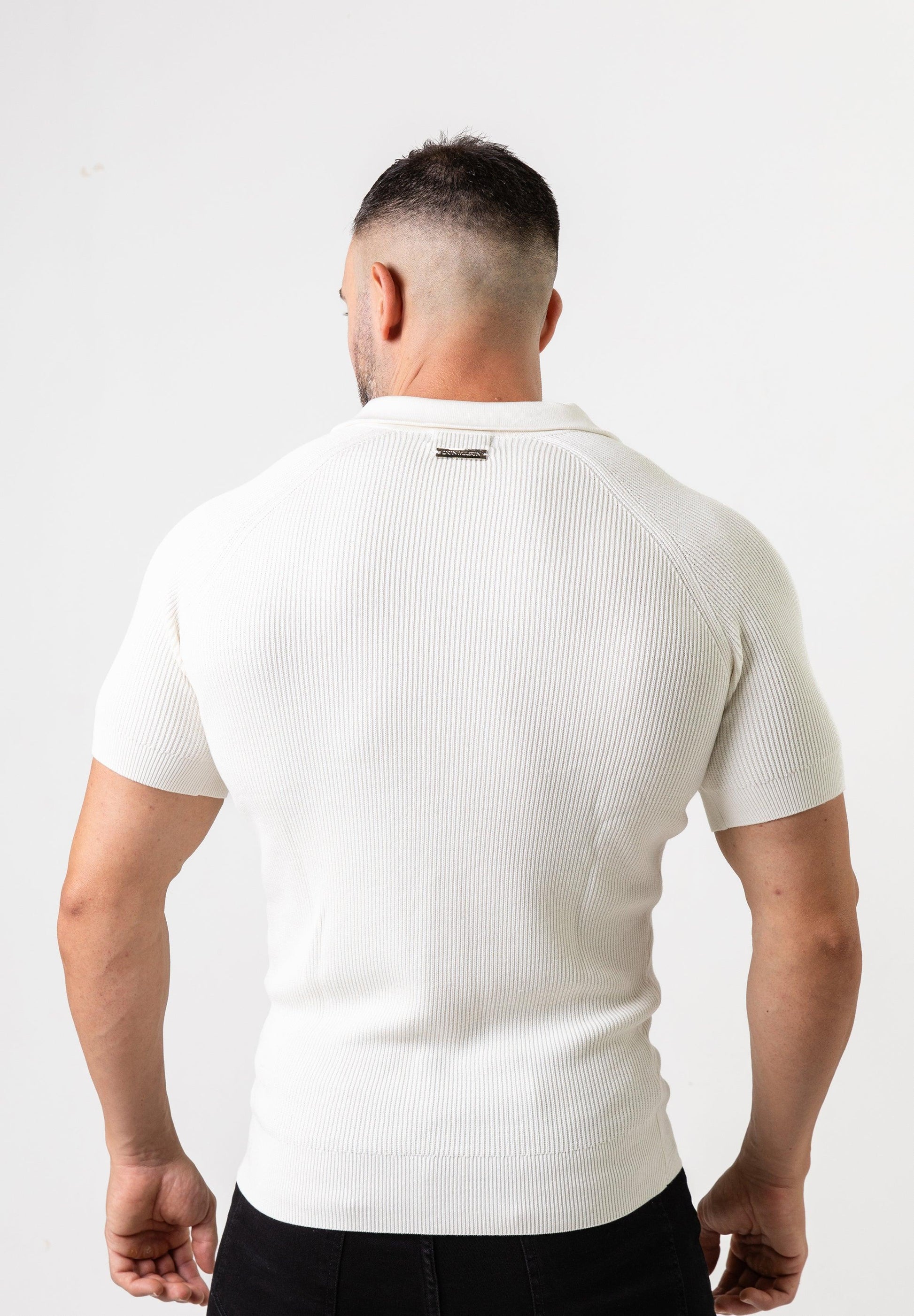 Ribbed Knit Silk Polo Shirt Off-White - Tailored Slim Fit - Don Milyon