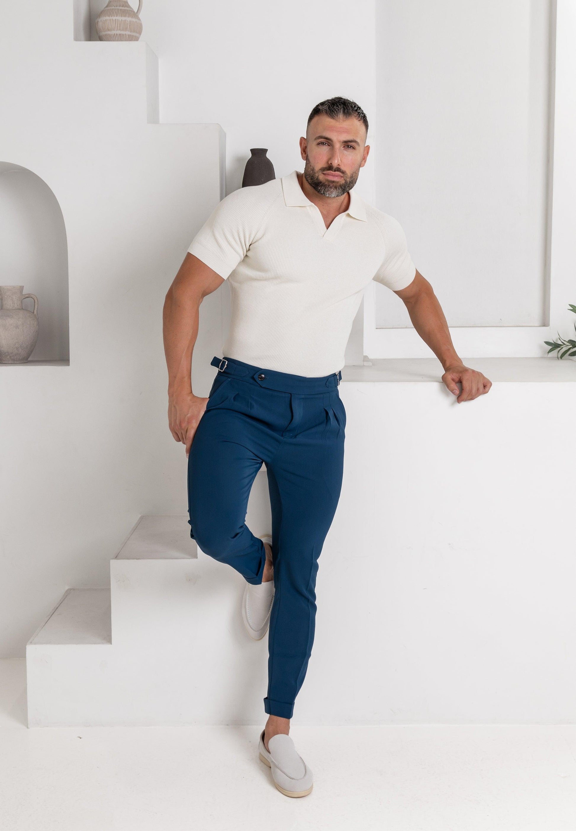 Pleated Dress Pants Navy - Tailored Slim Fit - Don Milyon