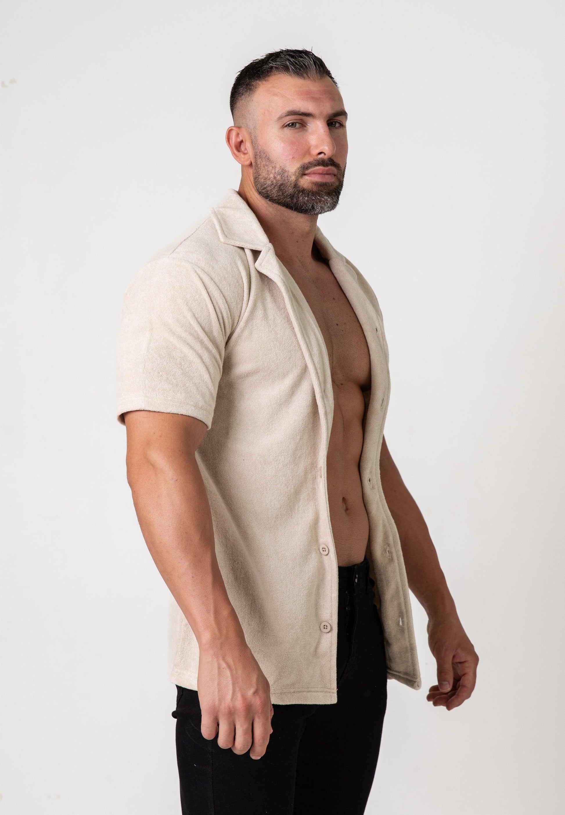 Toweling Button Shirt Beige - Tailored Slim Fit - Don Milyon