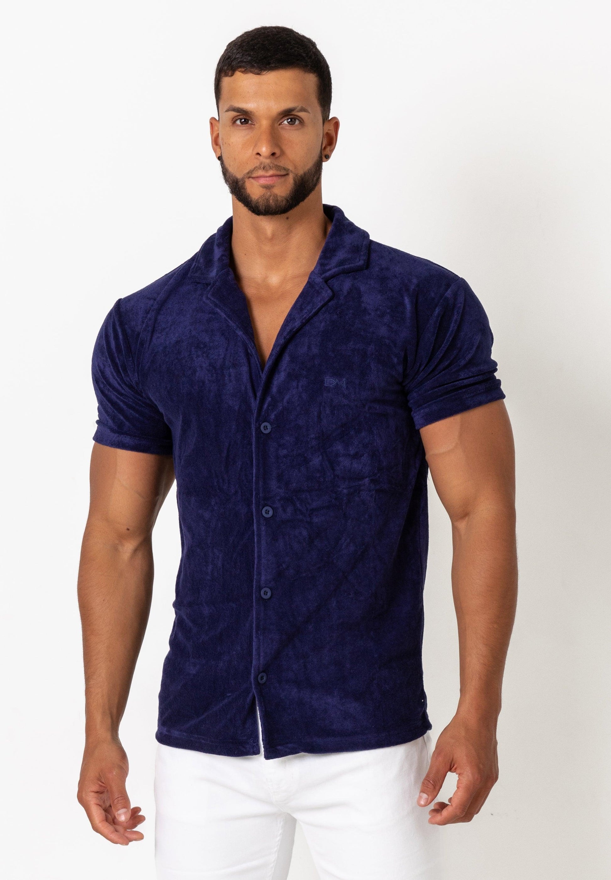 Towelling Button Shirt Navy - Tailored Slim Fit - Don Milyon