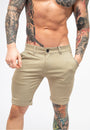 Beige Skinny Fit Stretch Men's Chino Shorts Front Close Pose