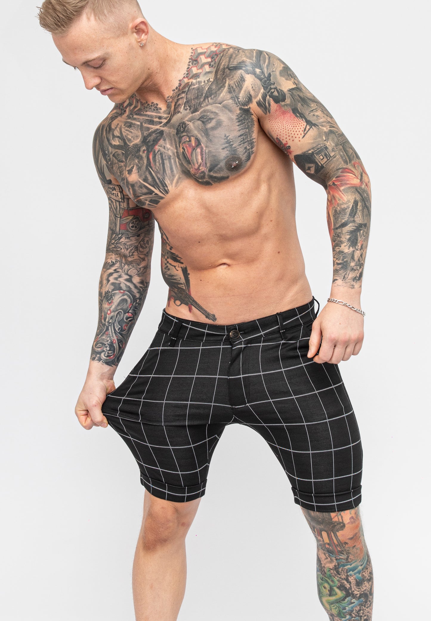 Black Skinny Fit Stretch Men's Check Pattern Chino Shorts