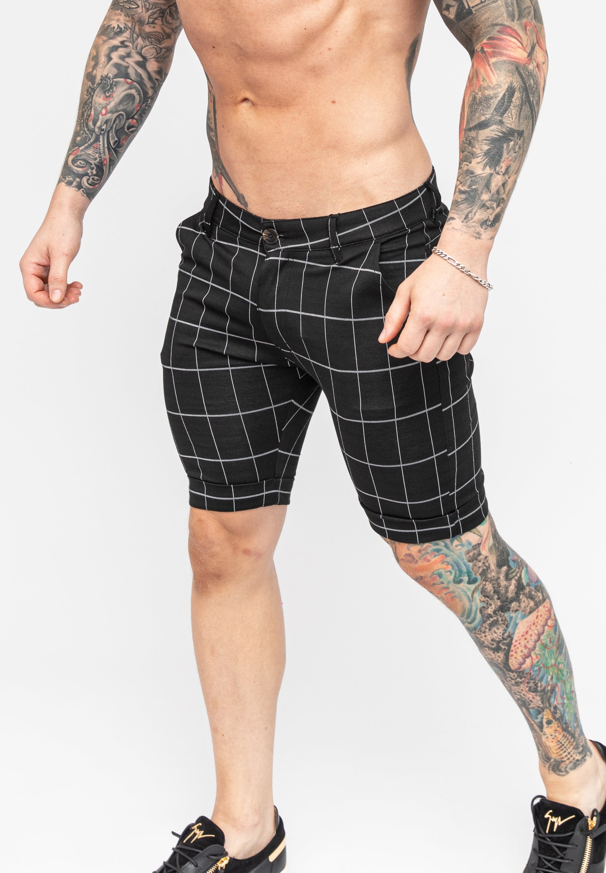 Black Skinny Fit Stretch Men's Check Pattern Chino Shorts Angle Pose