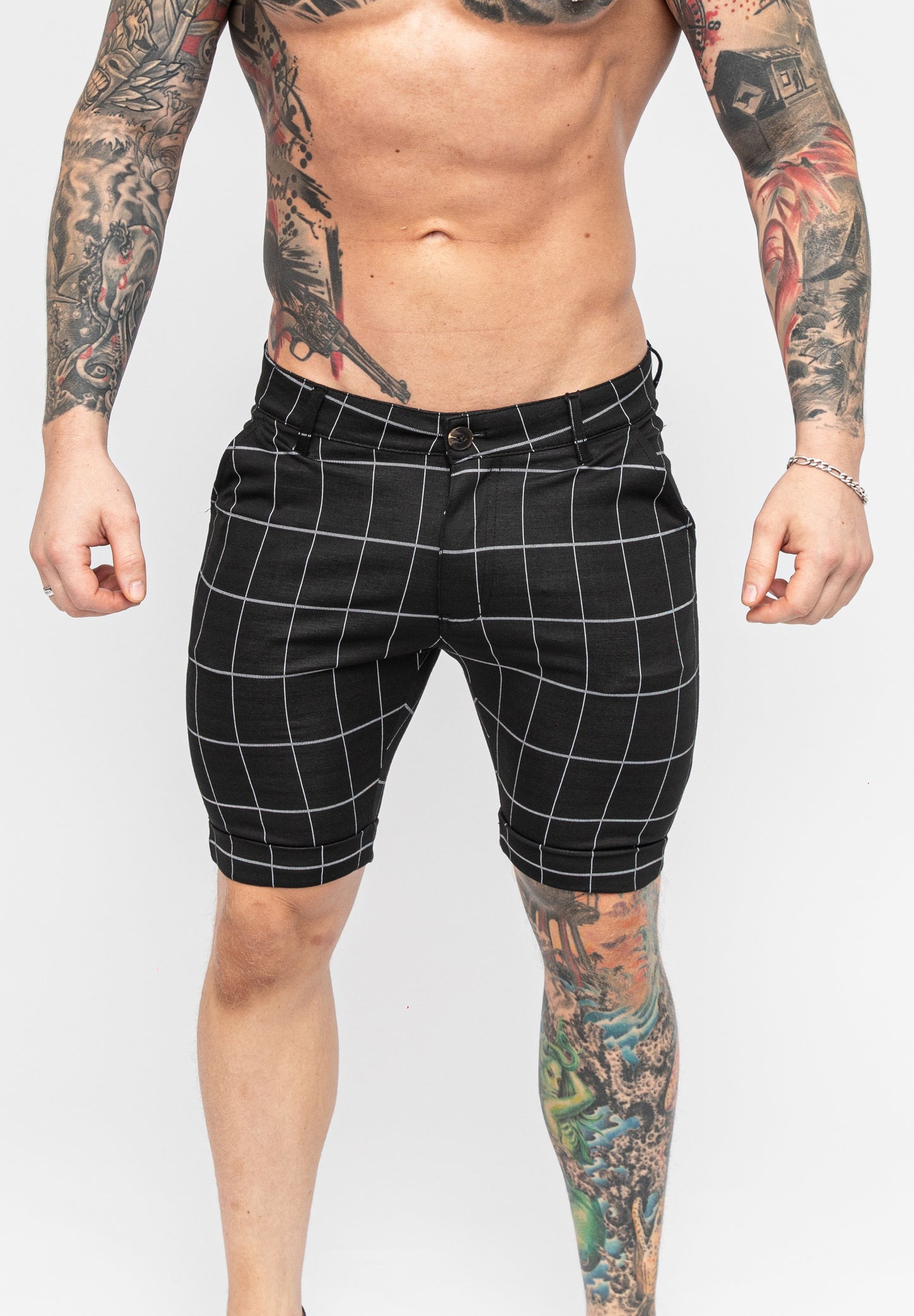 Black Skinny Fit Stretch Men's Check Pattern Chino Shorts