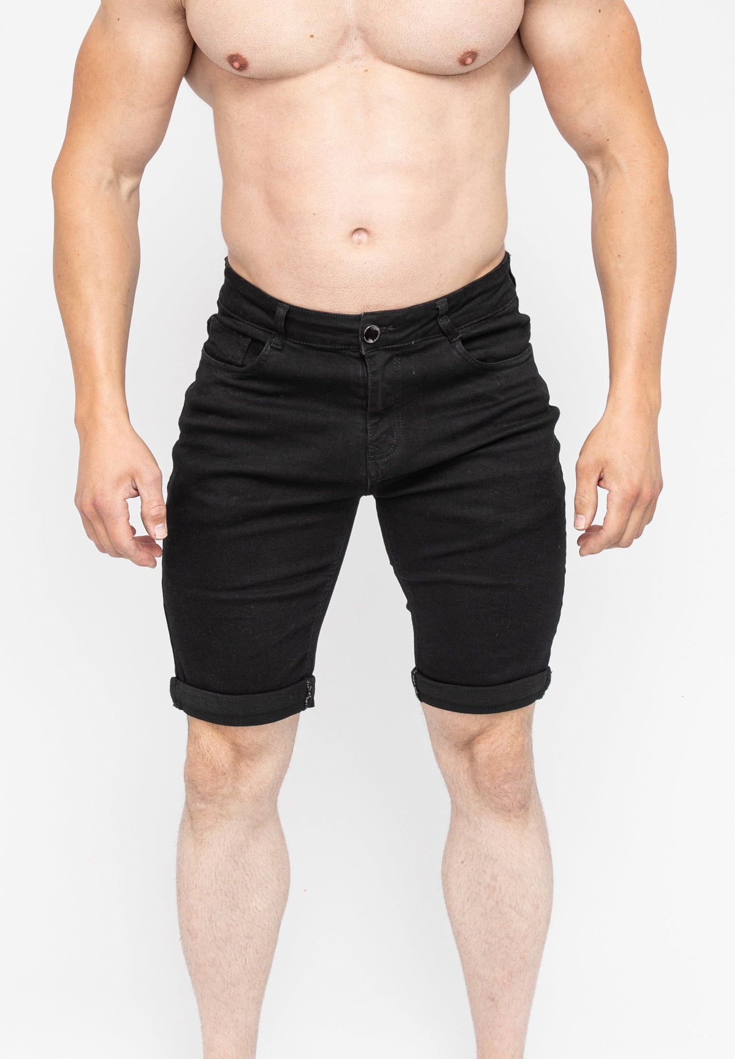 Men's Black Skinny Fit Stretch Jeans Denim Shorts Front