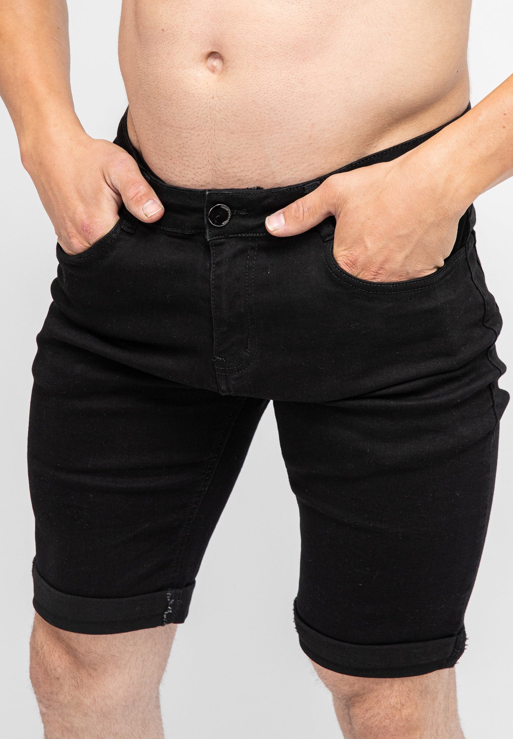 Men's Black Skinny Fit Stretch Jeans Denim Shorts Front Pockets