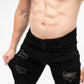 Men's Black Ripped Skinny Fit Stretch Jeans Denim Shorts Front