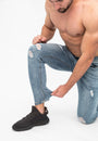 Blue Ripped Skinny Men's Jeans Cuffed Ankles 