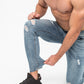 Blue Ripped Skinny Men's Jeans Cuffed Ankles 