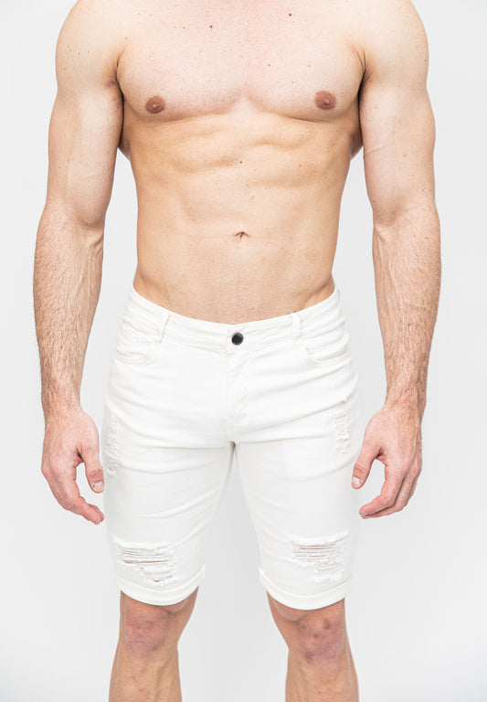 Men's White Ripped Skinny Fit Stretch Denim Jeans Shorts