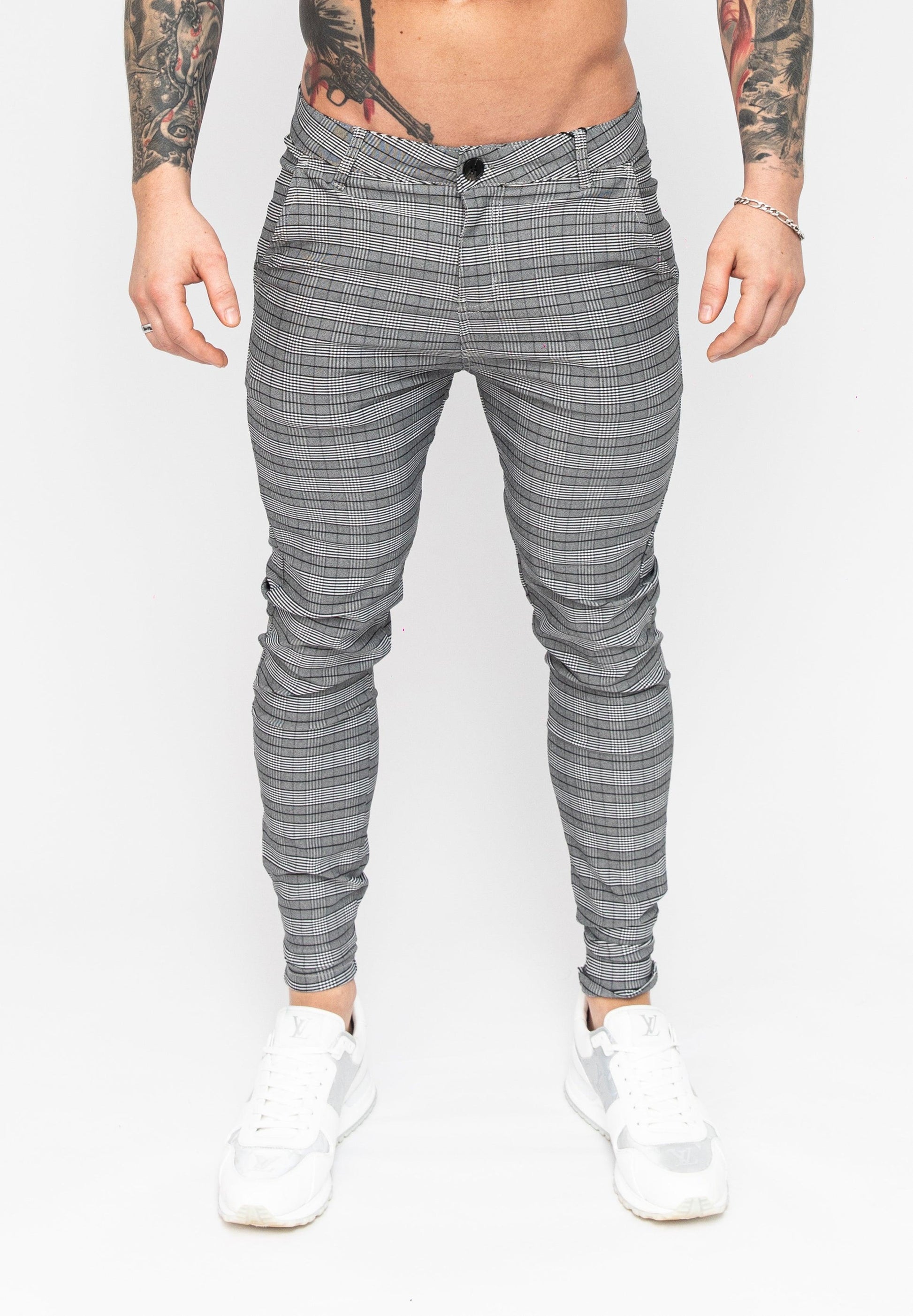 Men's Grey Check Pattern Skinny Fit Stretch Chino Pants