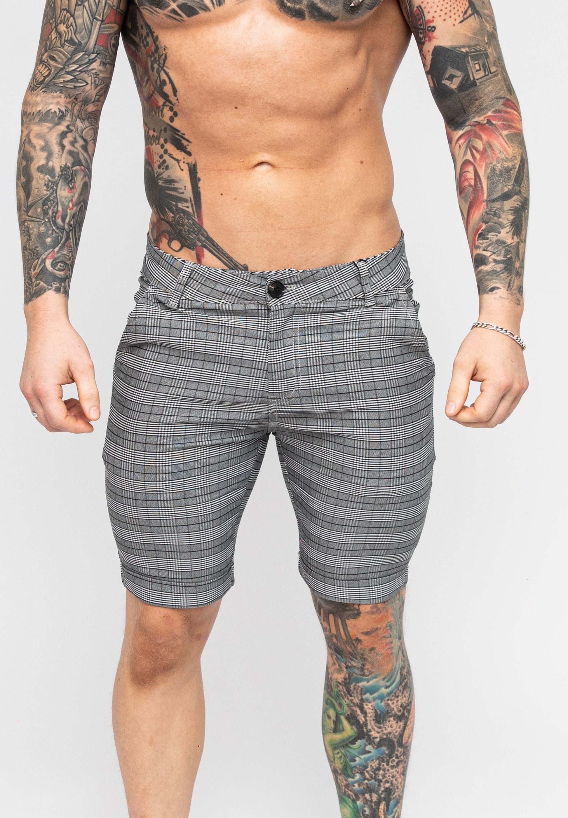 Men's Grey Check Pattern Skinny Fit Stretch Chino Shorts