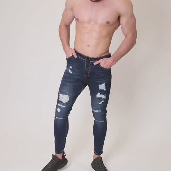 Men's Dark Blue Ripped Patched Skinny Fit Stretch Jeans Pants Video