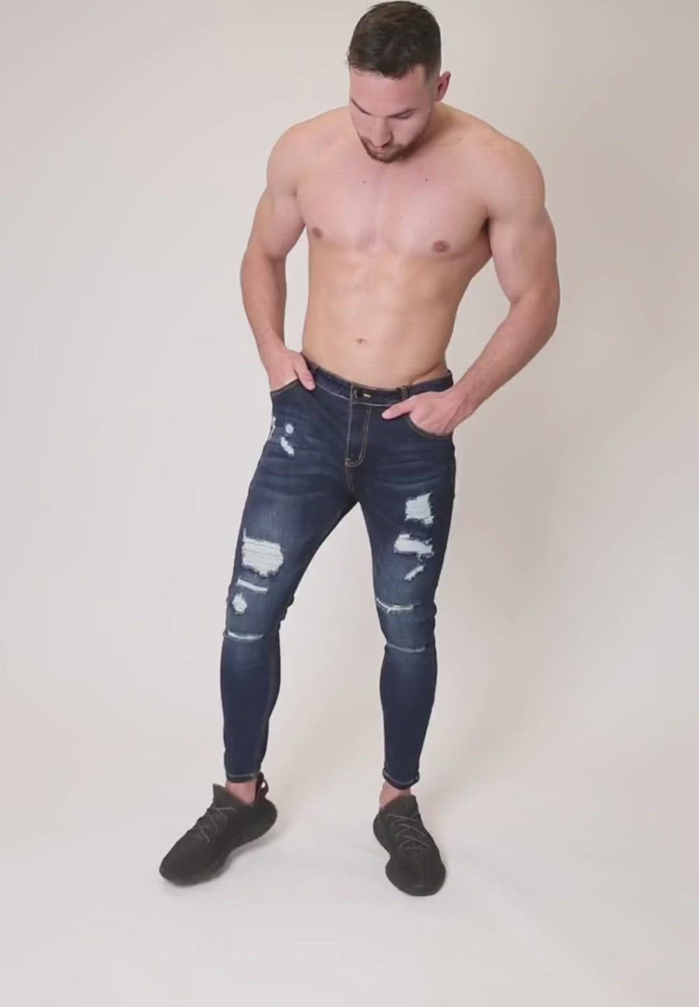 Men's Dark Blue Ripped Patched Skinny Fit Stretch Jeans Pants Video